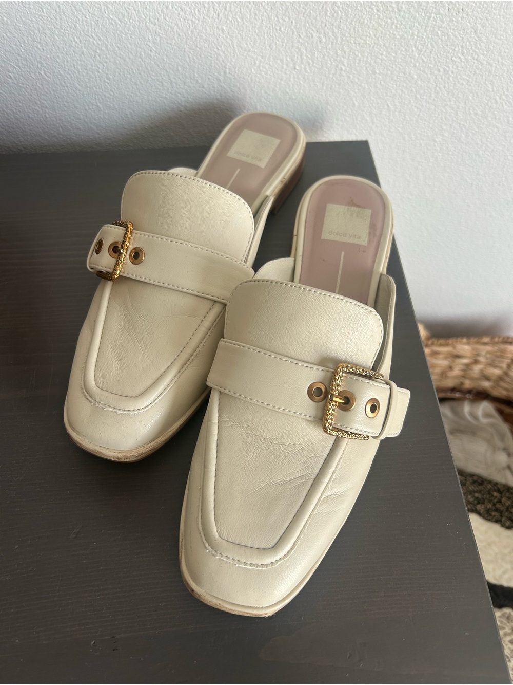 Dolce Vita Cream Meegan Leather Backless Loafers with Gold Buckle Accent